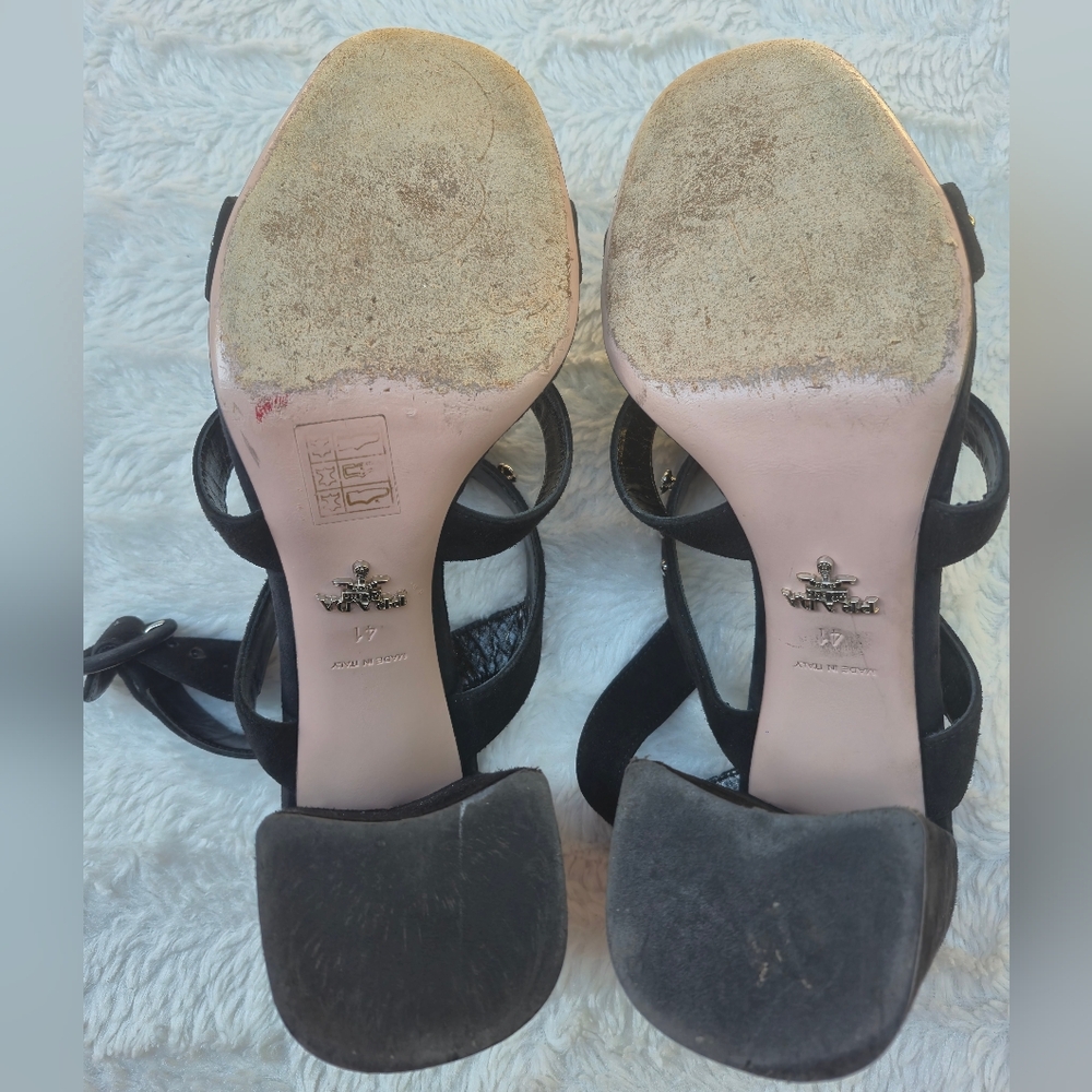 Prada Black Suede Multi-Strap Heels with Crystal Flower Accents - Picture 4 of 11